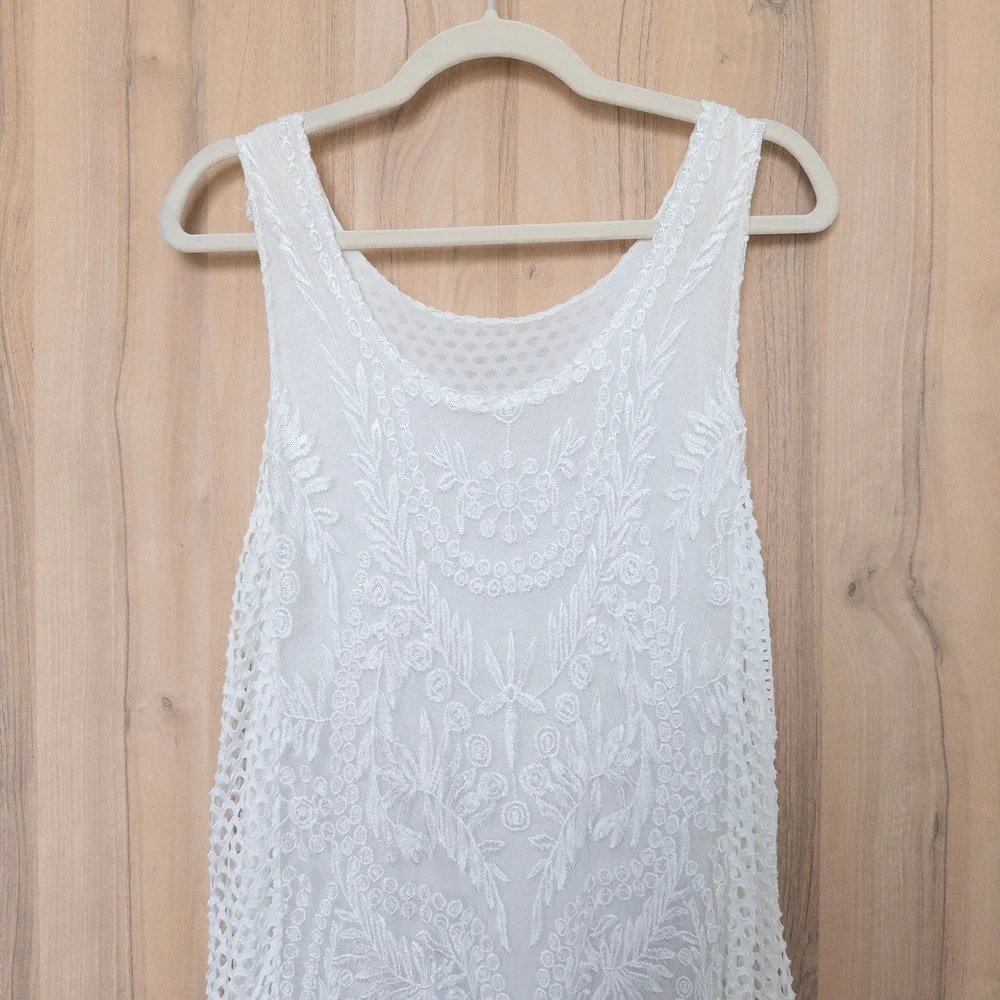 Womens Lace Layered Dress L White Mesh Floral Embroidered Boho Festival Italy